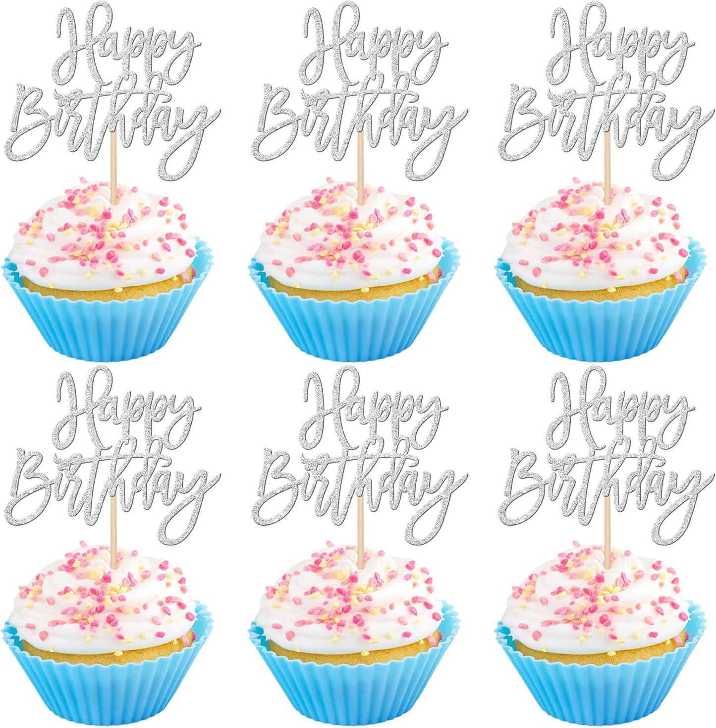 24 PCS Glitter Cupcake Toppers - Silver Happy Birthday & Anniversary Picks