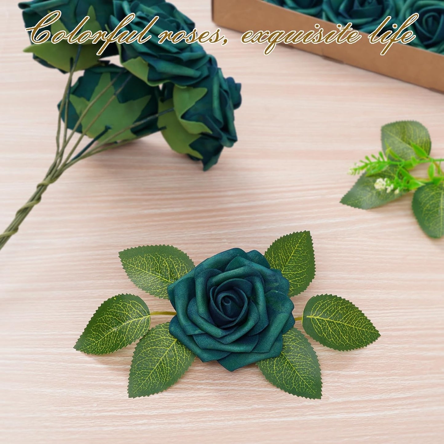BLEUM CADE 16Pcs Artificial Flowers Fake Roses with Stems, Army Green Boxed Foam Roses for DIY Bouquets Centerpieces Wedding Party Arrangement Bridal Shower Decor