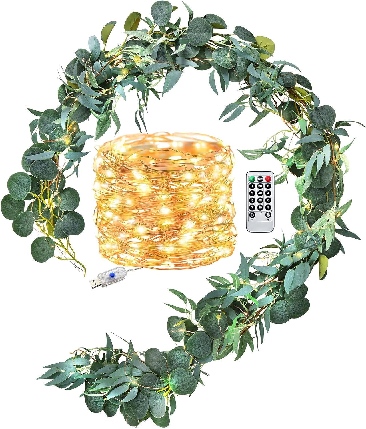 FiveSeasonStuff Rustic Willow and Eucalyptus Garlands – Lifelike Greenery with USB-Powered 100 LED String Lights – Perfect for Weddings, Home Decor, Events, and Seasonal Decorations