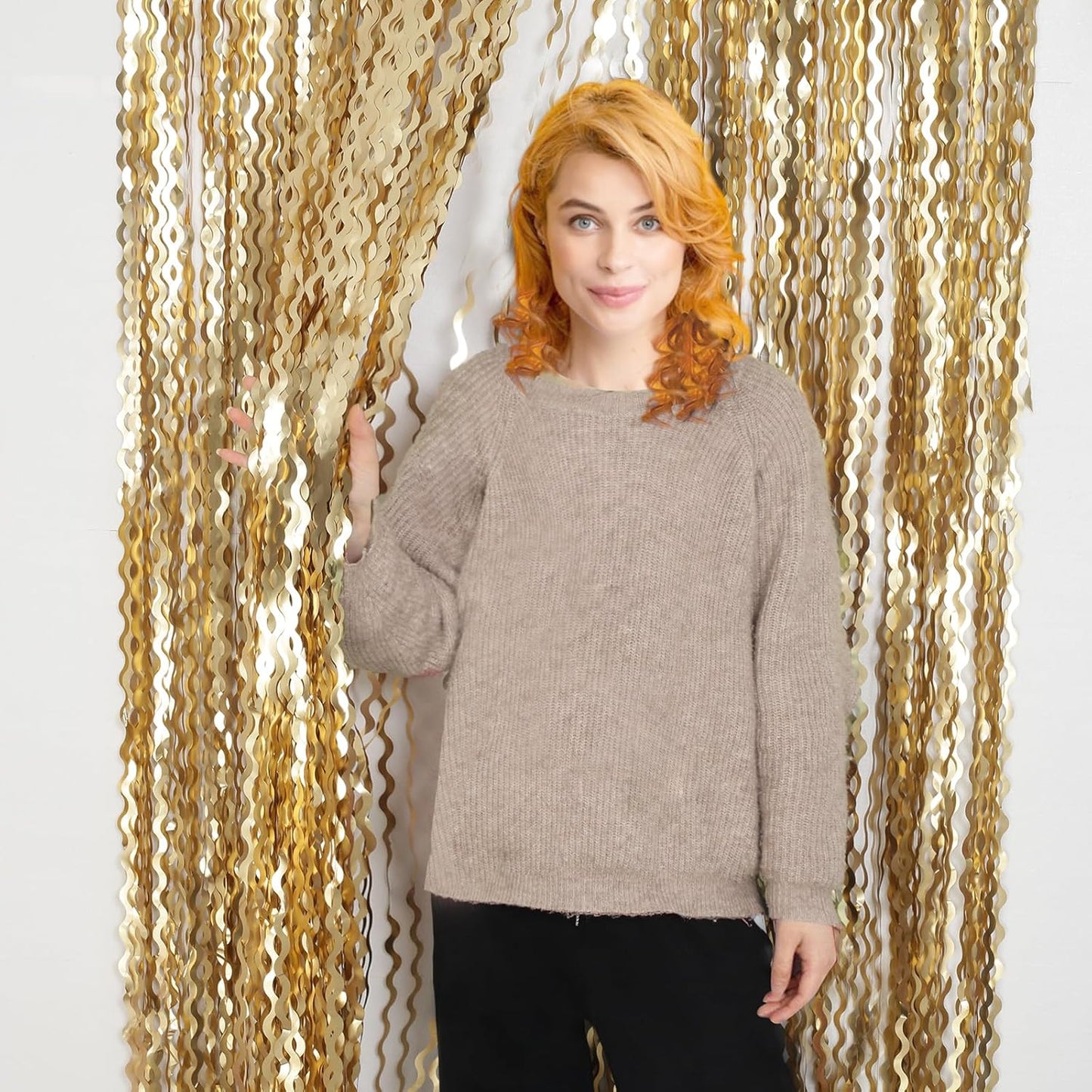 4 Pack Wavy Champagne Gold Metallic Tinsel Foil Fringe Curtains Backdrop - 3.3X6.6ft Foil Fringe Backdrop for Parties | Door Streamers for Birthday | Photo Booth Backdrops Party Decor