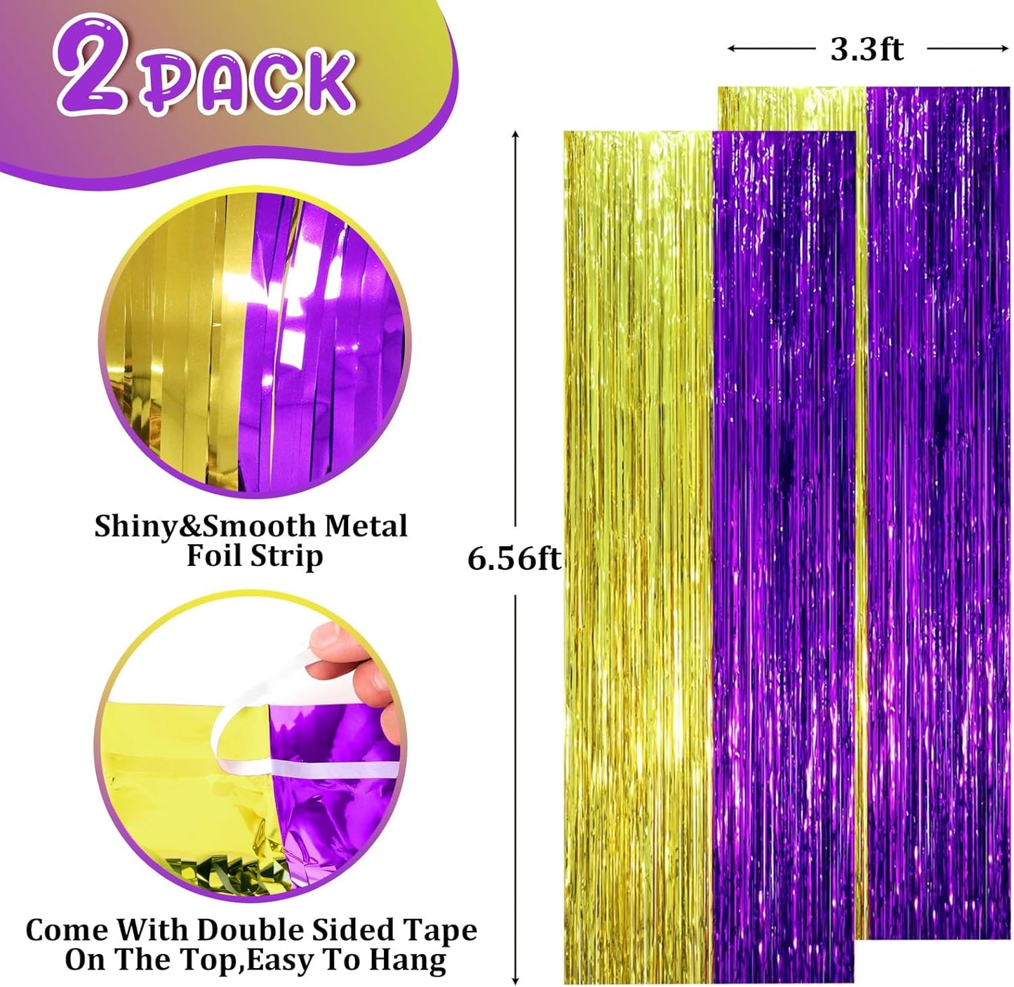 2 Pack Purple and Gold Foil Fringe Backdrop Curtains, Tinsel Streamers Party Decorations, Fringe Backdrop, Door Shimmer for Graduation or Birthday Party
