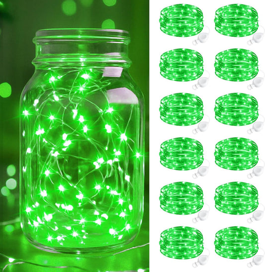 btfarm 12 Pack Fairy Lights Battery Operated, 7FT 20 LED Mini String Lights Waterproof Silver Wire for Mason Jars Centerpiece Table Crafts Bedroom Christmas Decoration, Green