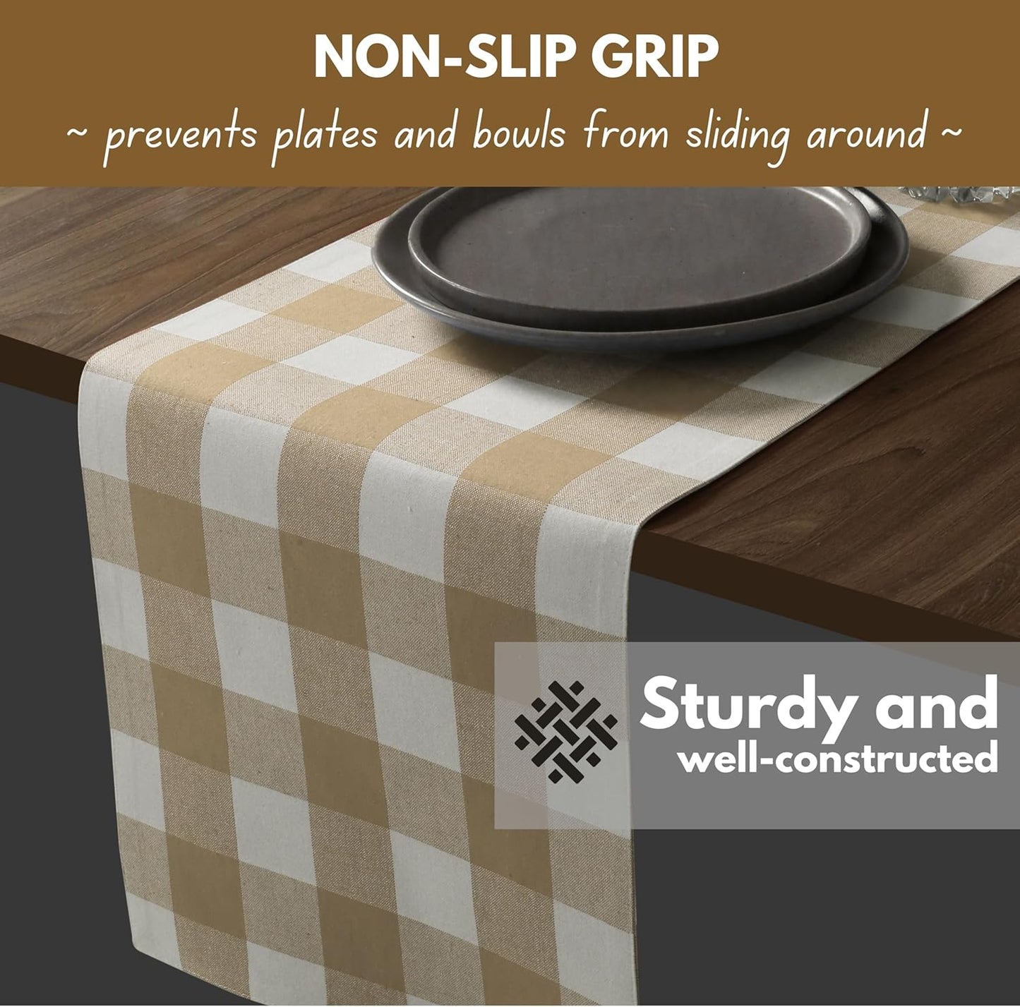 Native Fab Table Runner Buffalo Check Plaid 100% Cotton - 13x90 Inches Kitchen Dining Table Decoration for Indoor Outdoor Farmhouse Home Party Decor - Beige and White