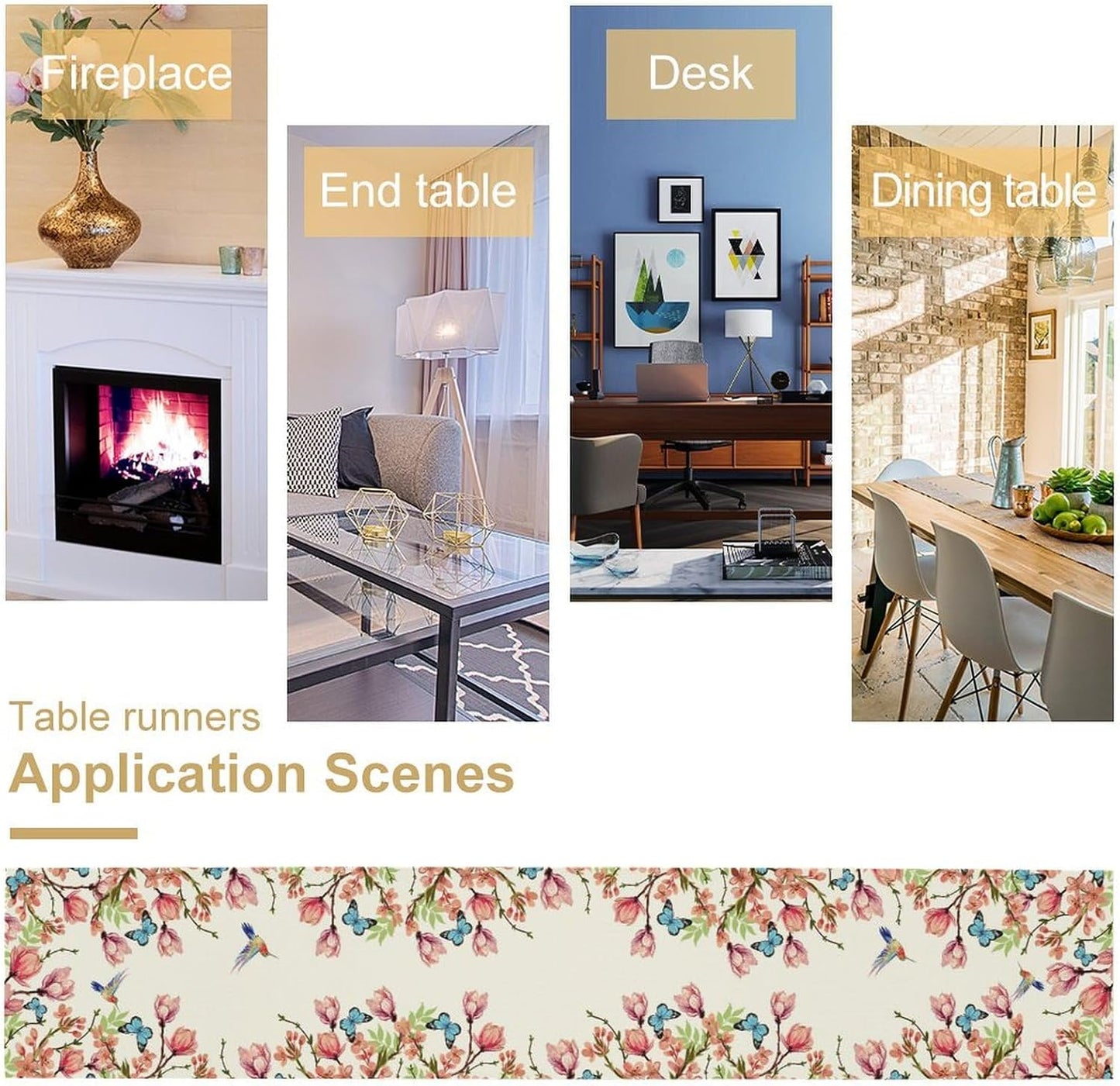 Flowers Table Runner,Floral Bird Butterfly Spring Table Cloth Kitchen Dining Table Home Party Decoration 13x120 Inch