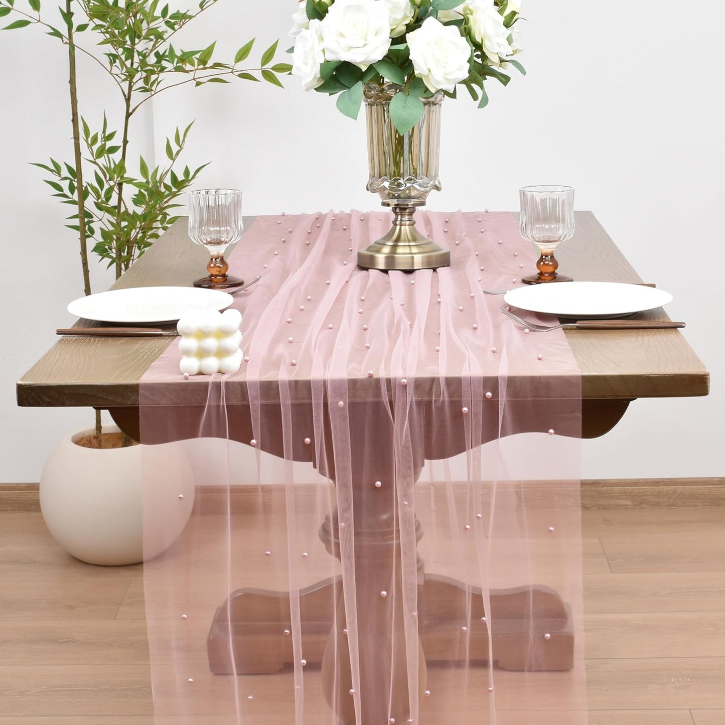 Joanlody Fall Pearl Table Runner 10ft Rustic Boho Tulle Table Runner with Pearls for Baby Shower Wedding Party Veil Dessert Thanksgiving Table Decor Dusty Rose