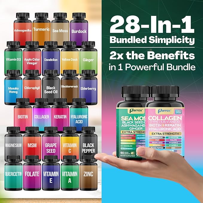 Radiant Wellness Bundle -Sea Moss, Black Seed Oil, Ashwagandha, Ginger, Collagen Types I II III V X, Biotin, Keratin, Hyaluronic Acid, Burdock Root, Turmeric, Vitamin D3, Magnesium (2 Pack)