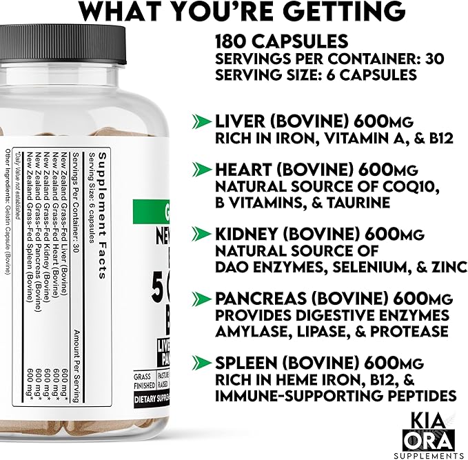 Grass Fed Bovine 5 Organ Complex – Liver, Heart, Kidney, Spleen & Pancreas – Freeze-Dried Glandular Supplement for Energy, Detox & Immune Support – 180 Capsules