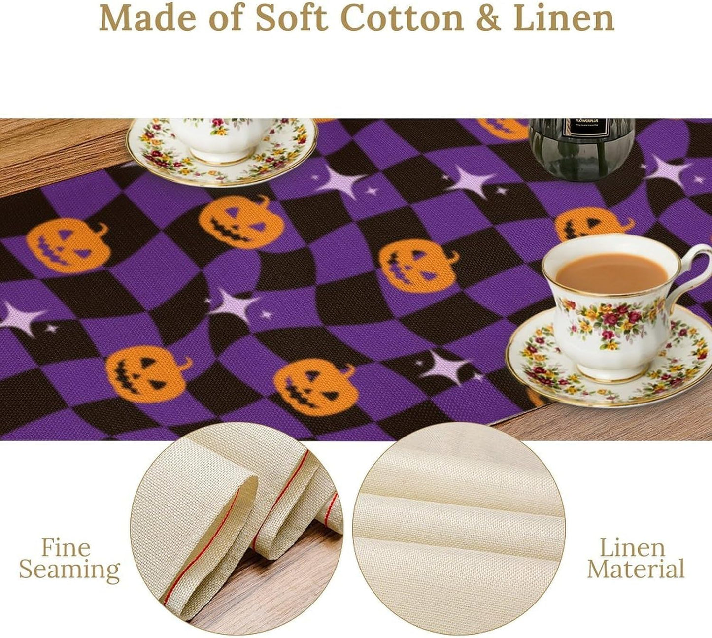 Halloween Table Runner,Purple Checkered Pumpkin Table Runner for Kitchen Dining Table Decoration Home Party Decor 13x70 Inch