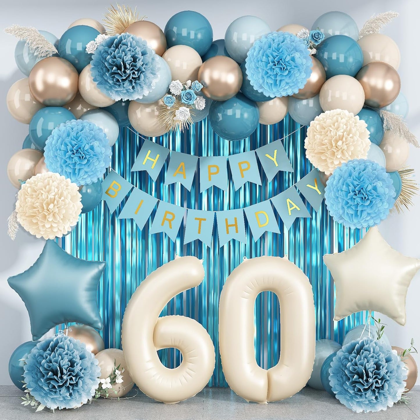 Dusty Blue 60th Birthday Party Decorations for Women Men Beige Cream Number 60 Balloon with Blue Gold Happy Birthday Banner Fringe Curtain Paper Pom Poms Nude White Sand Champagne Star Foil Balloons