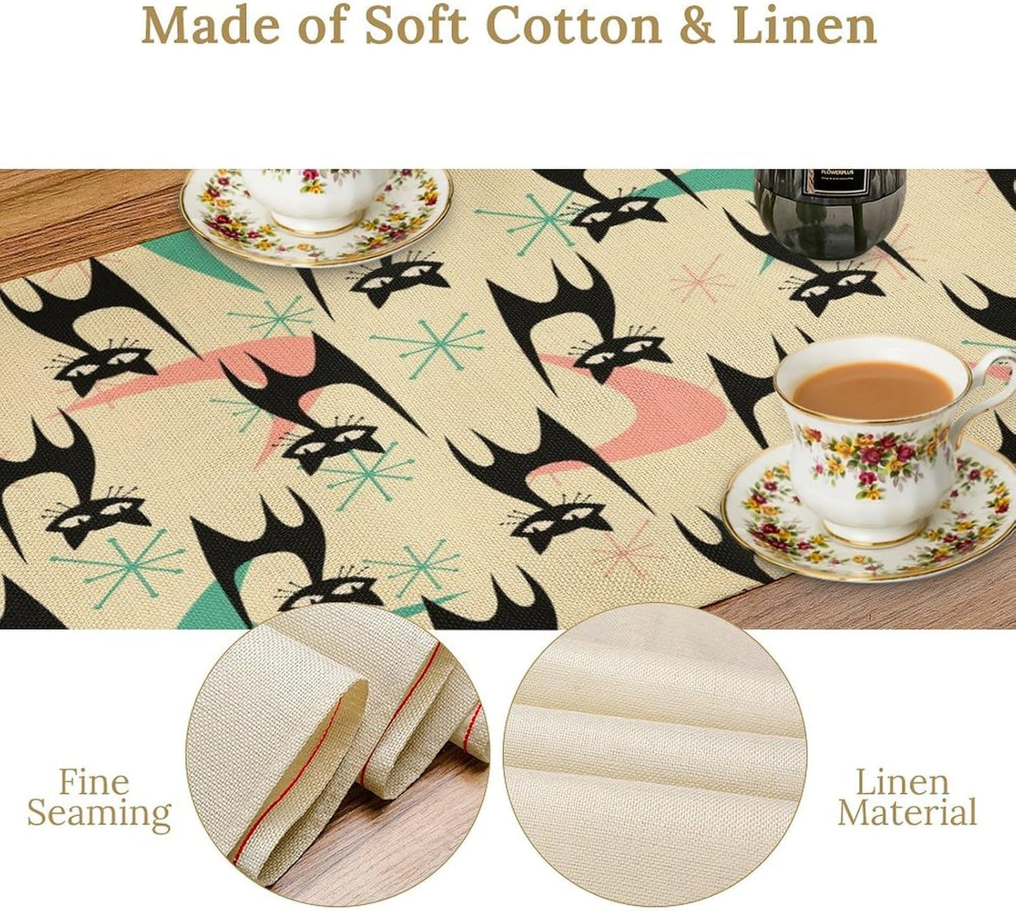 Mid Century Table Runner,Cat Geometric Stripe Colorful Abstract Pattern Print Tablecloth Burlap for Hotel Indoors Outdoor Dining Room Kitchen Holiday Party, 13x60in