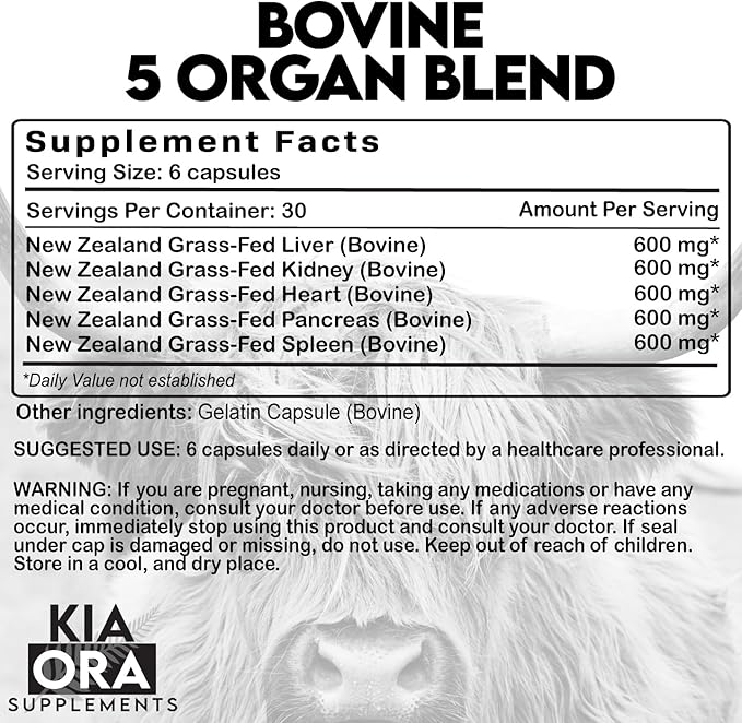 Grass Fed Bovine 5 Organ Complex – Liver, Heart, Kidney, Spleen & Pancreas – Freeze-Dried Glandular Supplement for Energy, Detox & Immune Support – 180 Capsules