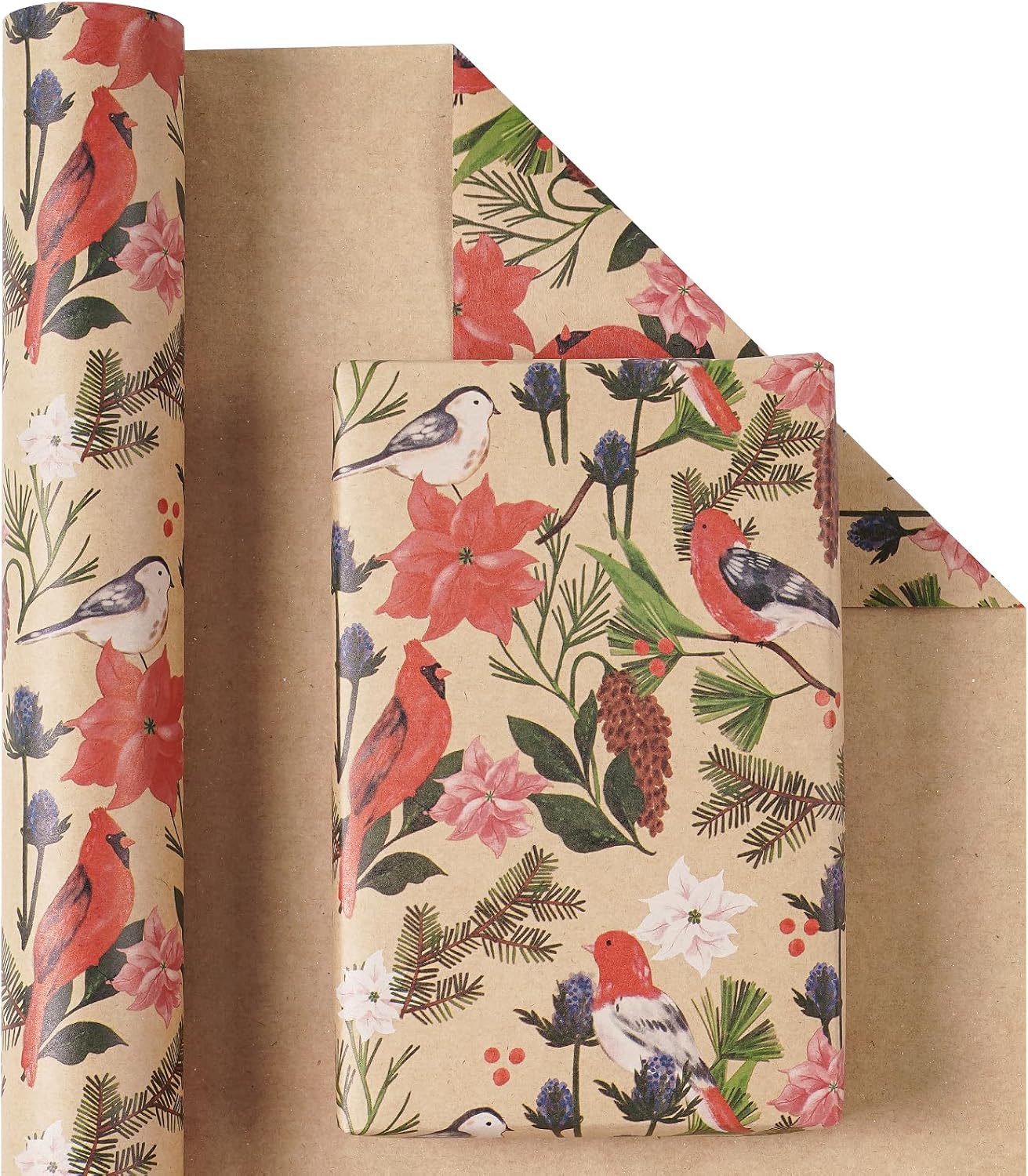 RUSPEPA Kraft Christmas Wrapping Paper Roll, Mini Roll, Watercolor Bird and Botanical Design with Flowers & Pinecones, Kraft Gift Wrap for Women, Friends, Holiday, Winter Party, 17 Inches x 16.4 Feet