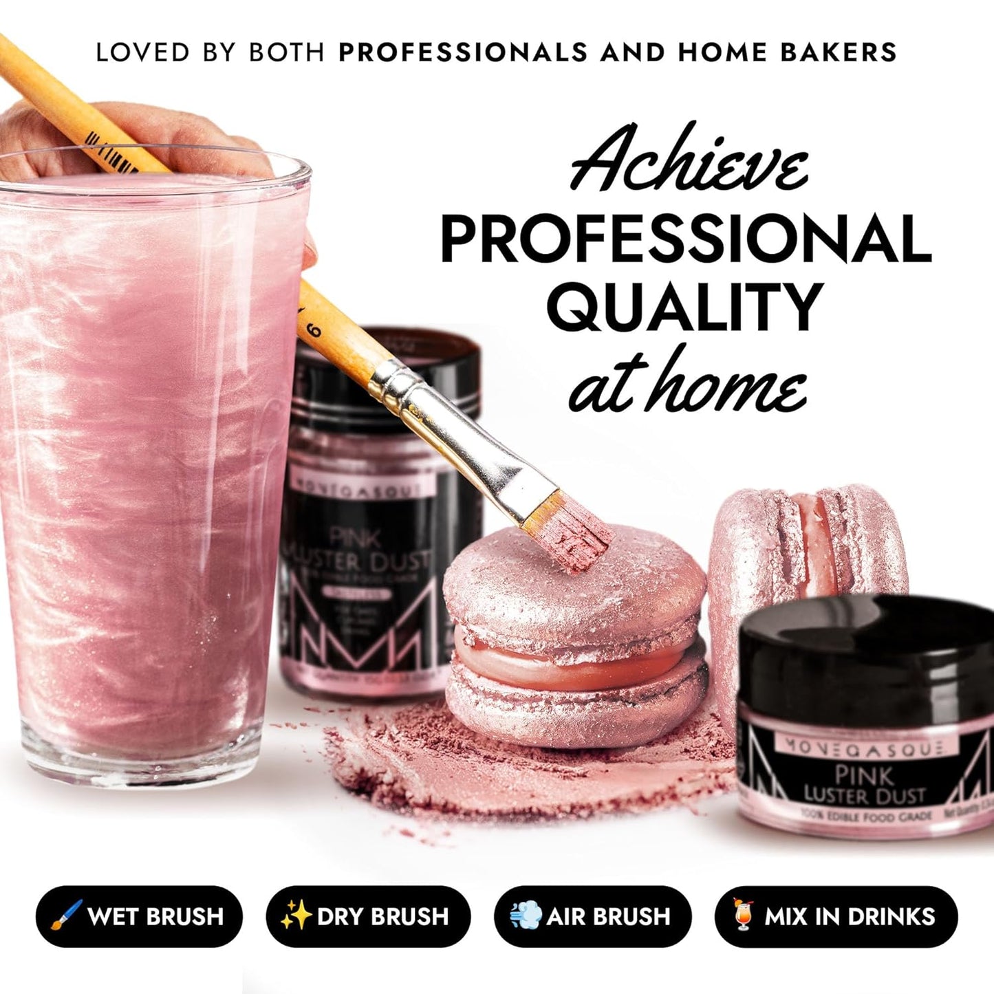 MONÉGASQUE Pink Edible Glitter for Drinks 7g – Edible Glitter for Cakes & Cocktails – Pink Luster Dust Sprinkles for Cupcakes – Halloween Cake Decorations Spray & Drink Shimmer Powder – Cake Toppers