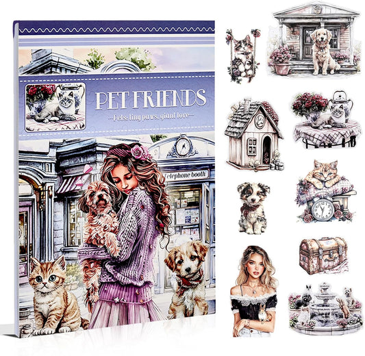 Pet Friends Journal Sticker Book for Adults Journaling, Scrapbook PET Washi Stickers for Scrapbooking, Junk Journal Supplies, Collage, Bujo, A5, 20 Sheets