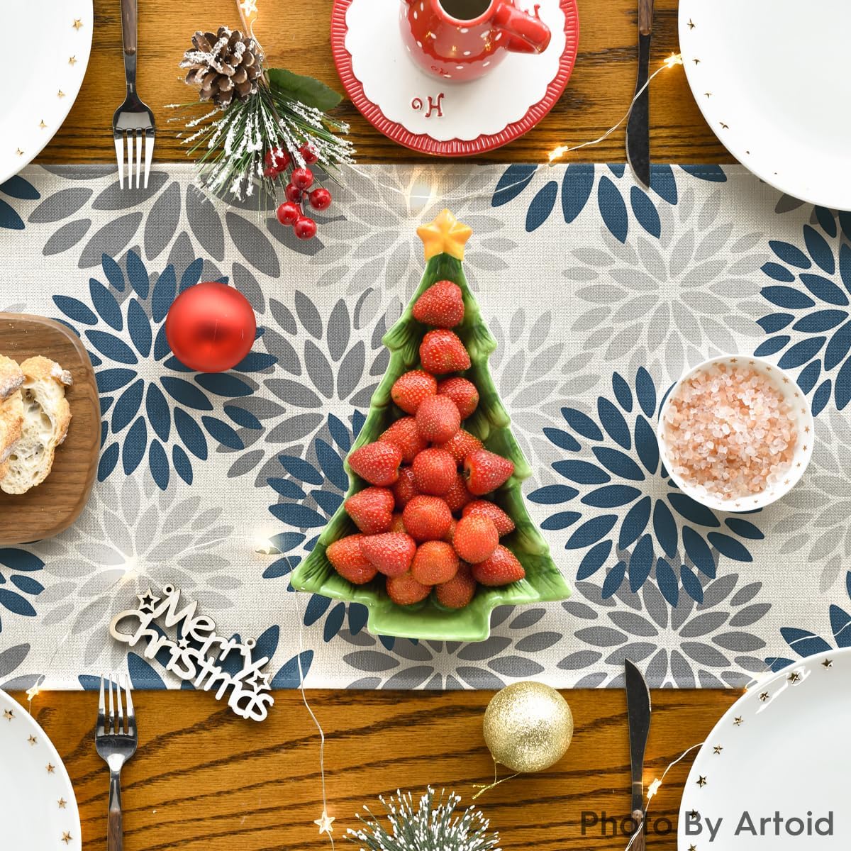 Artoid Mode Dahlia Aqua Floral Pinnata Flower Winter Table Runner, Seasonal Summer Holiday Kitchen Dining Table Decoration for Home Party Decor 13x36 Inch