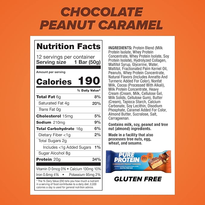 Pure Protein Bars, High Protein, Nutritious Snacks to Support Energy, Low Sugar, Gluten Free, Chocolate Peanut Caramel, 1.76oz, 12 Count (Pack of 1) (Packaging May Vary)
