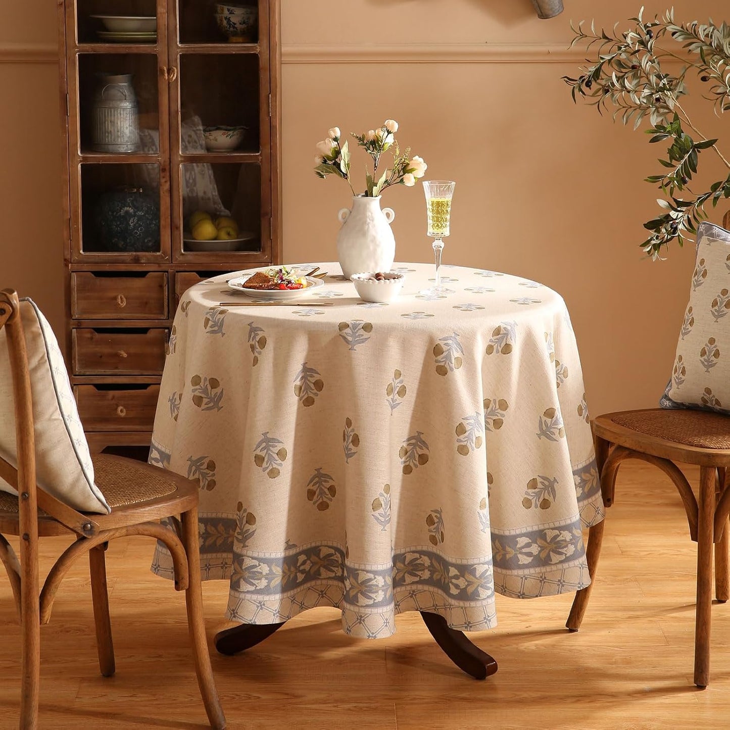 patdrea Designer Beige Round Tablecloth,Vintage Linen Yellow Floral Pattern Table Cloth,Decoration Table Cover for Kitchen Dining Christmas,Tea Party,Thanksgiving,Diameter 67"-Istana a