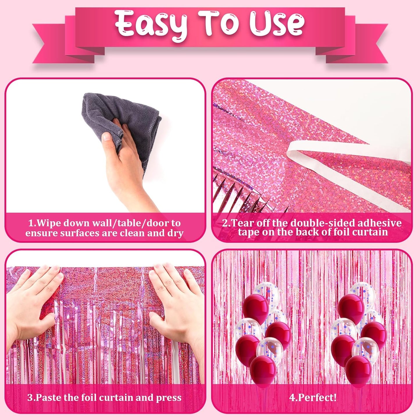 2 Pack 3.3x8.2 Feet Laser Pink Foil Fringe Backdrop Curtains, Tinsel Streamers Birthday Party Decorations, Fringe Backdrop for Graduation, Baby Shower, Gender Reveal, Disco Party