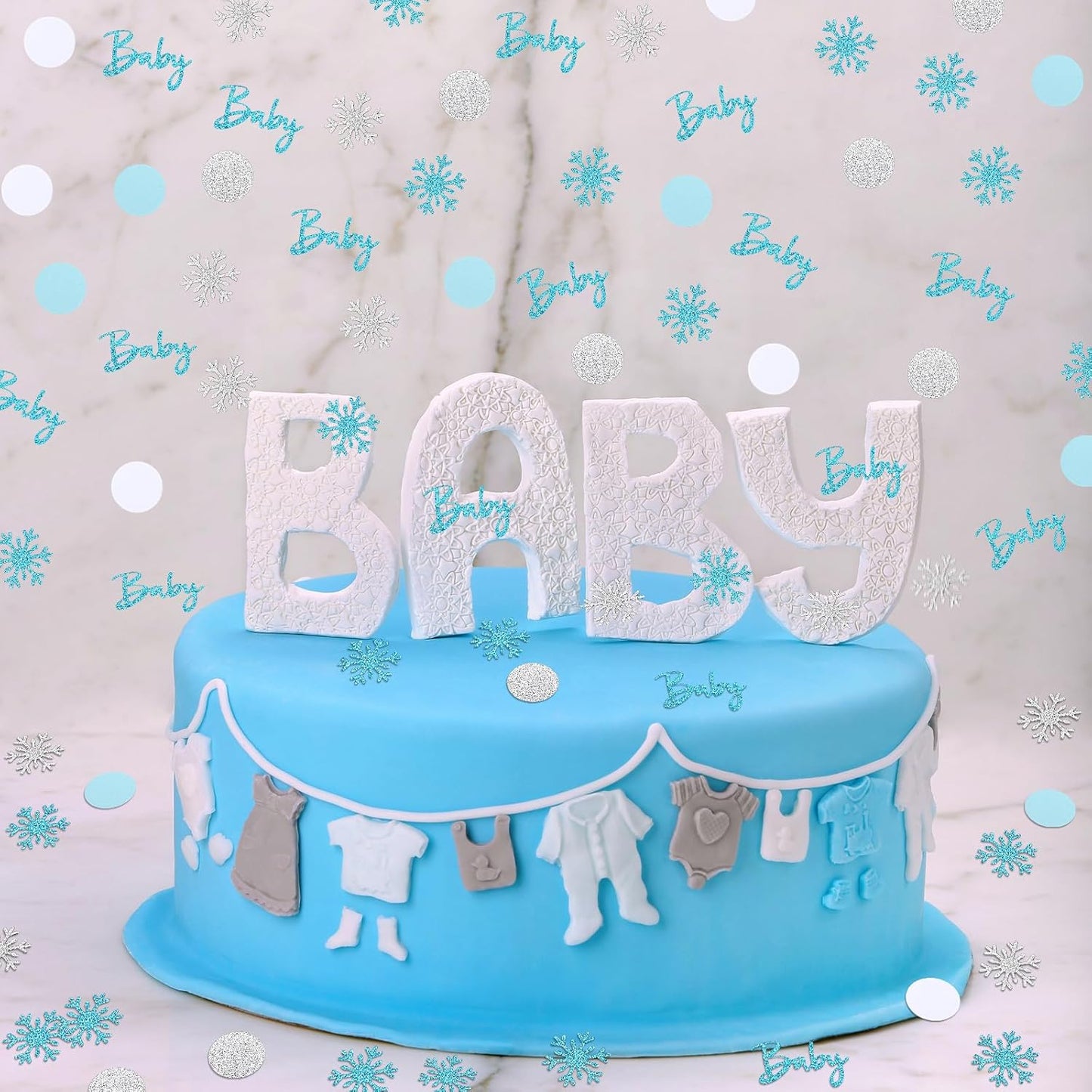MARFOREVER Winter Baby Shower Table Confetti, 200 Pcs Glitter Blue Silver Snowflake Table Decorations Winter Gender Reveal Party Confetti Sprinkle for Winter Birthday Party Baby Shower Decorations