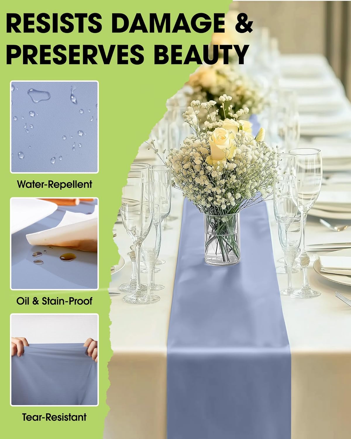 Pureegg Dusty Blue Plastic Table Runners - 20 Pack, 14'' x 108'', Water Resistant & Disposable Centerpiece Decorations for Table Cloth, Wedding, Birthday, Holiday, Baby Shower, Party, Home Decor