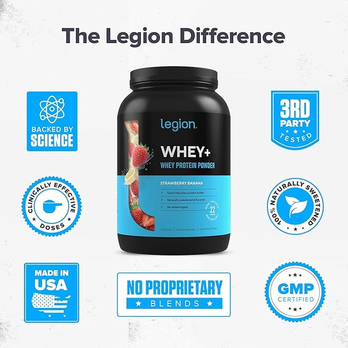 LEGION Whey+ Strawberry Banana Whey Isolate Protein Powder from Grass Fed Cows, Low Carb, Low Calorie, Non-GMO, Lactose Free, Gluten Free, Sugar Free, All Natural (30 Serving Strawberry Banana)