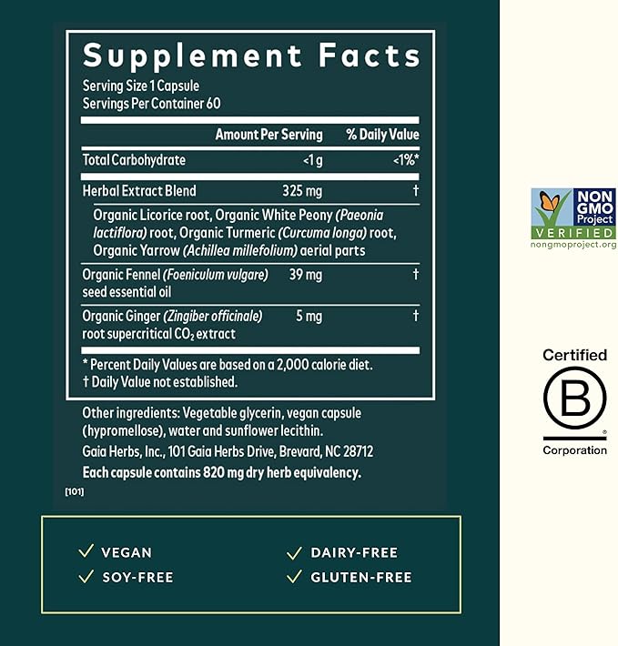 Gaia Herbs Cramp Relief - Herbal Supplement for Hormone Balance & Period Cramp Relief - Made with Organic Licorice Root, White Peony Root, Turmeric & More - 60 Vegan Capsules (60 Servings)