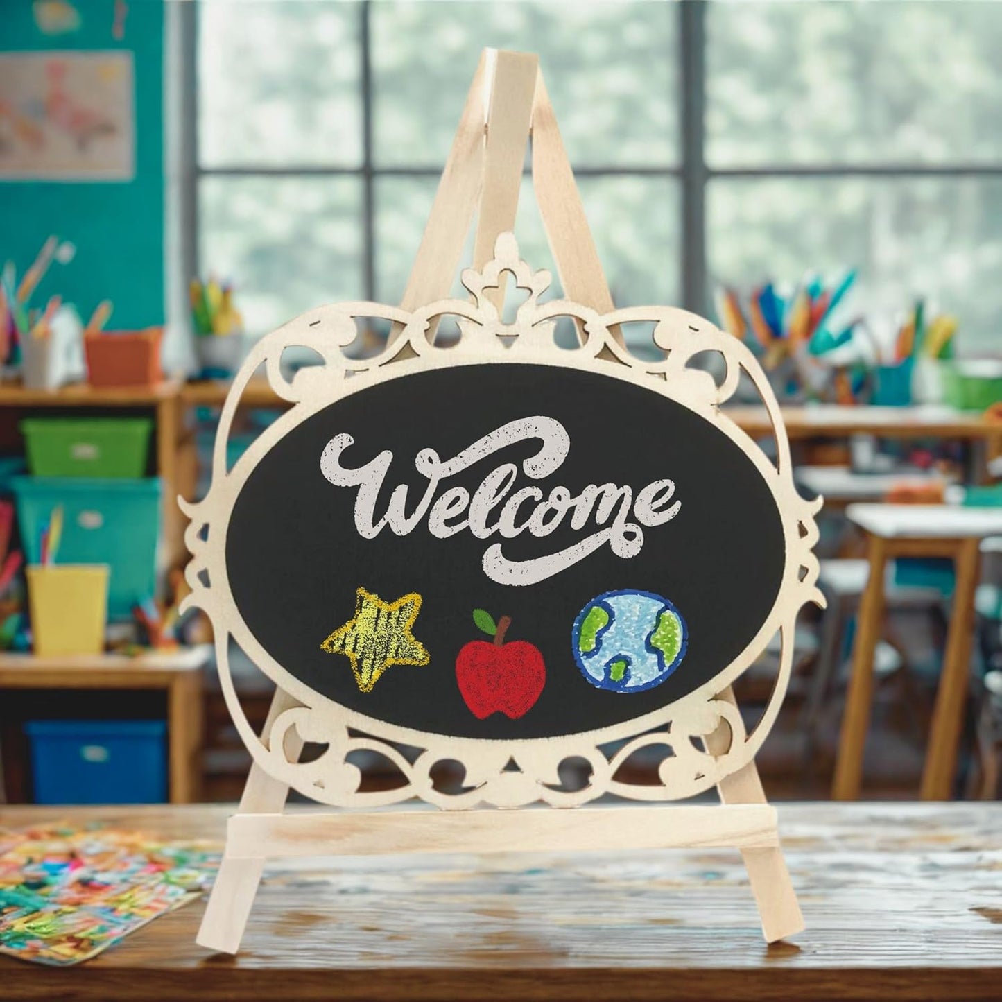 Chalkboard Signs Easel - Oval Shape with Wood Framed Swirly Design, Includes 1 Chalk Stick, Size: 10" x 7" Wooden Blackboard, Perfect for Events and Home Decoration