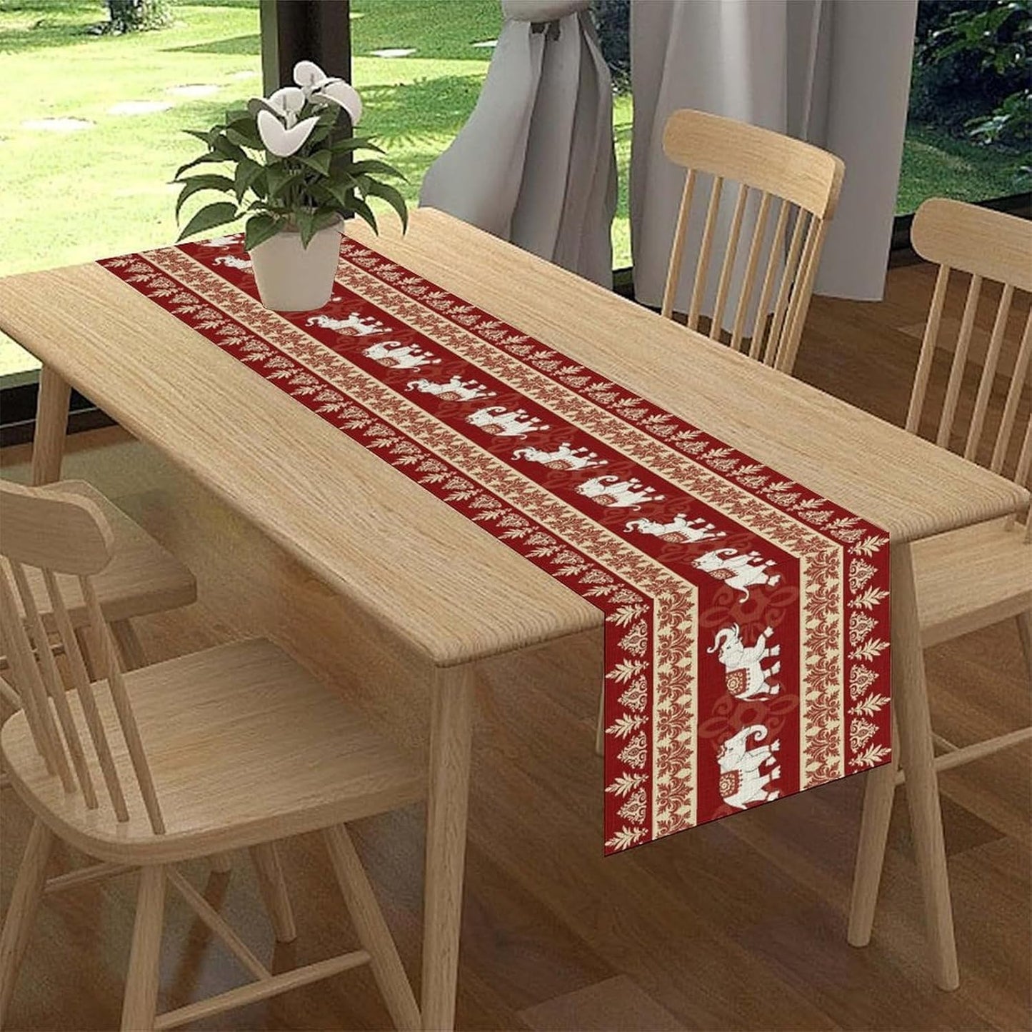 Boho Elephant Table Runner, Vintage Tribal Traditional African Animals Ethnic Folk Red Table Center Decor for Home Kitchen Dining Patio Holiday Party Indoor Outdoor Table Decorations, 13"x90" Inch