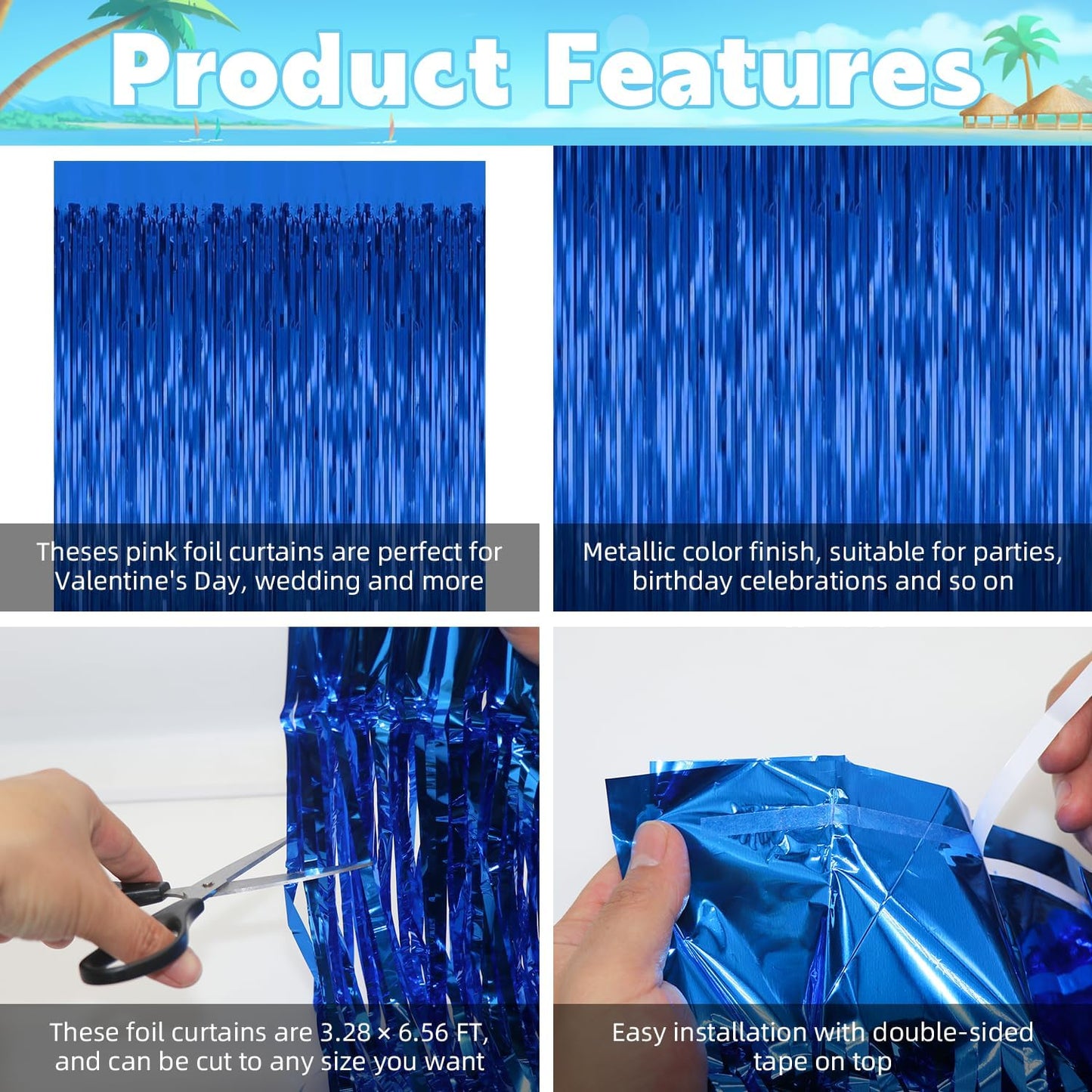 5 Pack Blue Backdrop Curtain Tinsel Streamers Ocean Themed Decor Birthday Party Decorations Foil Fringe Backdrop Graduation Baby Shower Bachelorette Winter Party Decorations Supplies