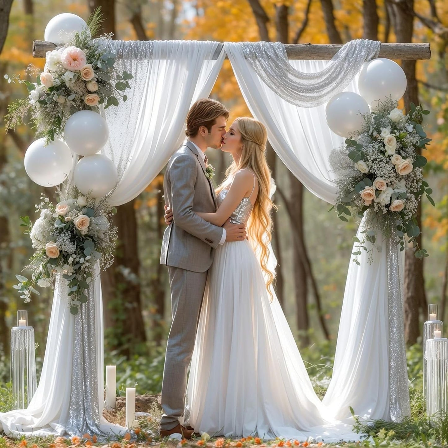 Wedding Arch Draping Fabric, 1 Panel 28" x19ft White Arch Drapes & 1 Panel 16" x19ft Silver Sequin Fabric Drapes Arbor Backdrop Curtain for Wedding Arch Ceremony Bridal Shower Reception