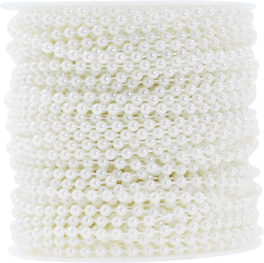 Mandala Crafts 4mm Faux White Pearl Beads Roll - 44 Yards Strand of Fake Pearls Chain Garlands Spool String for Christmas Tree, Wedding, Party, Vases, DIY Decoration