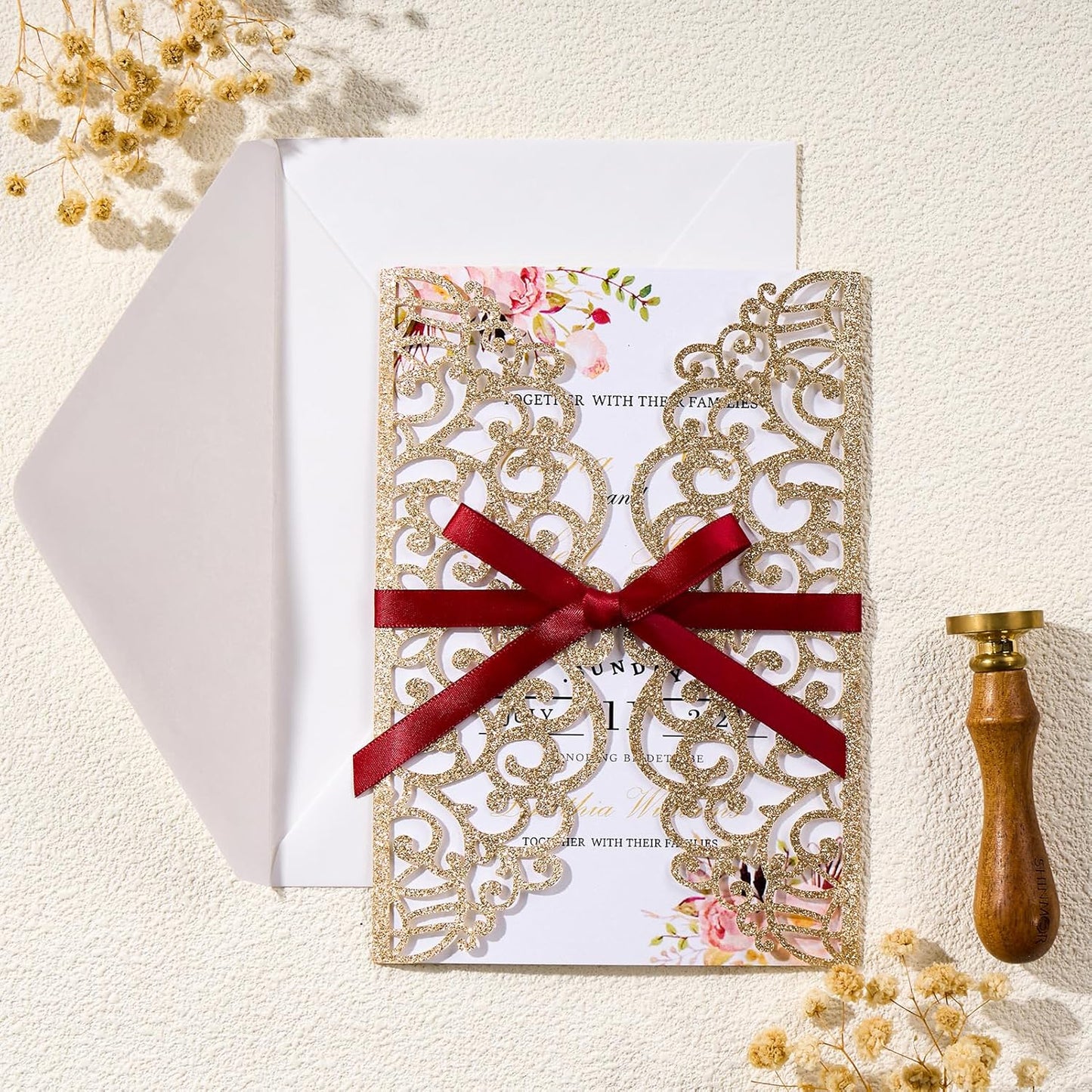 25pcs Personalized Wedding Invitations with Envelopes and RSVP Cards Blank Rose Gold 5×7 Glitter Laser Cut Invitation Pockets for Wedding Engagement Bridal Shower Birthday Quinceañera Anniversary