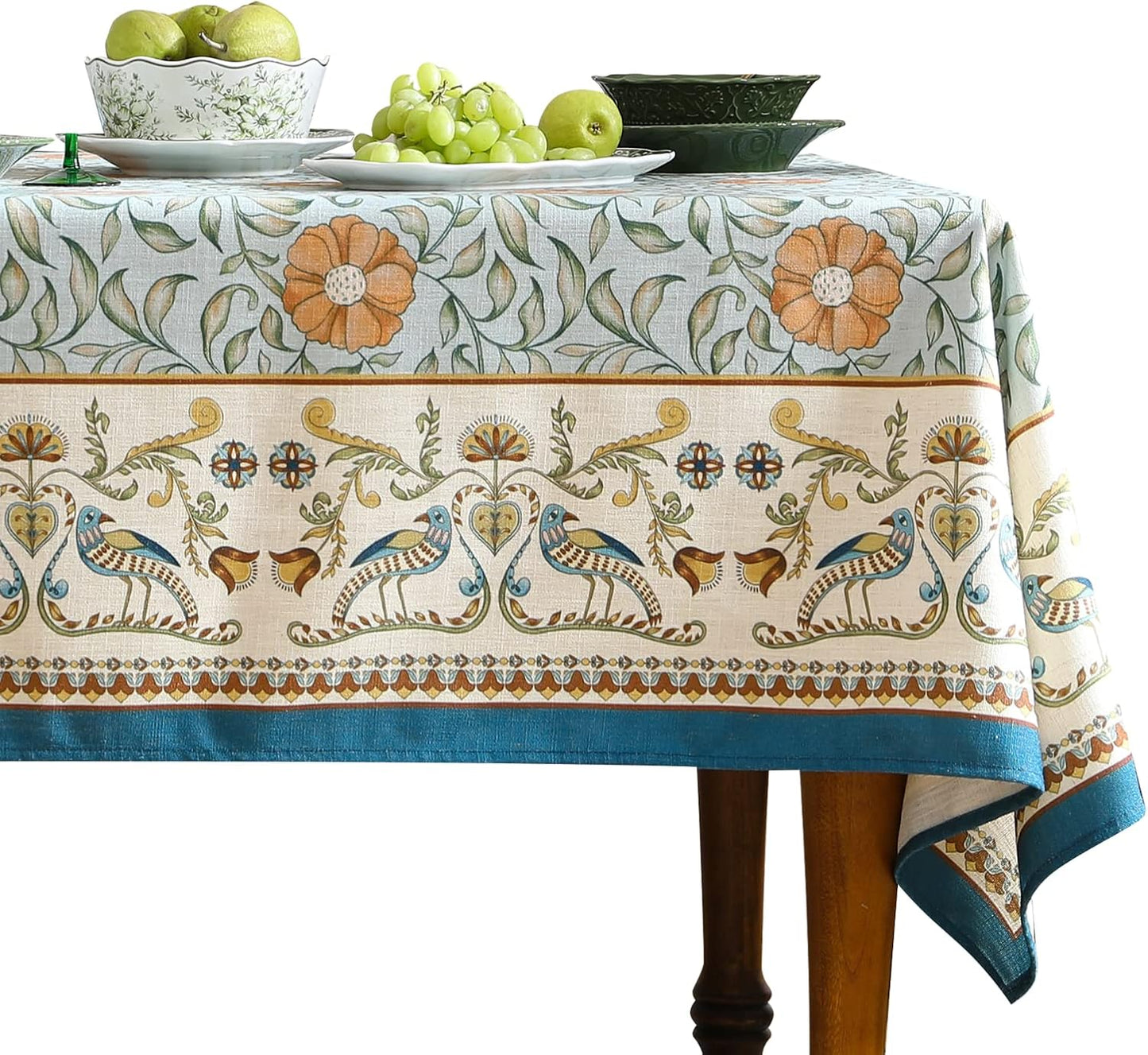 patdrea Designer French Linen Blue Tablecloth for Rectangle Table,Vintage Floral Table Cloth,Colorful Decoration Fall Cover Kitchen Dining for Thanksgiving,Tea Party,Christmas,63"x110"-Wensel