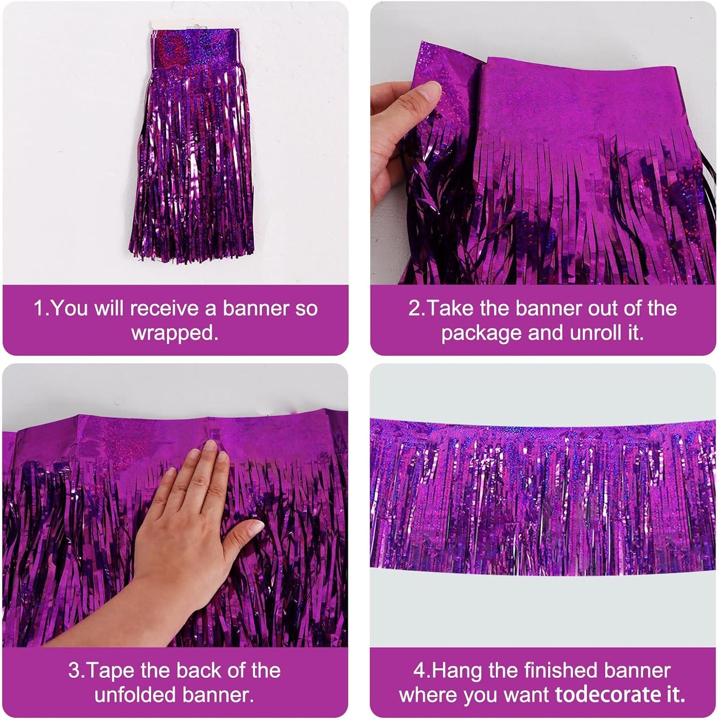 BEISHIDA 3 Packs Metallic Foil Fringe Garland Laser Purple Wall Hanging Tinsel Fringe Banners for Car Floats Bridal Shower Wedding Birthday Easter Graduation Holiday Party Decoration(30 Feet)
