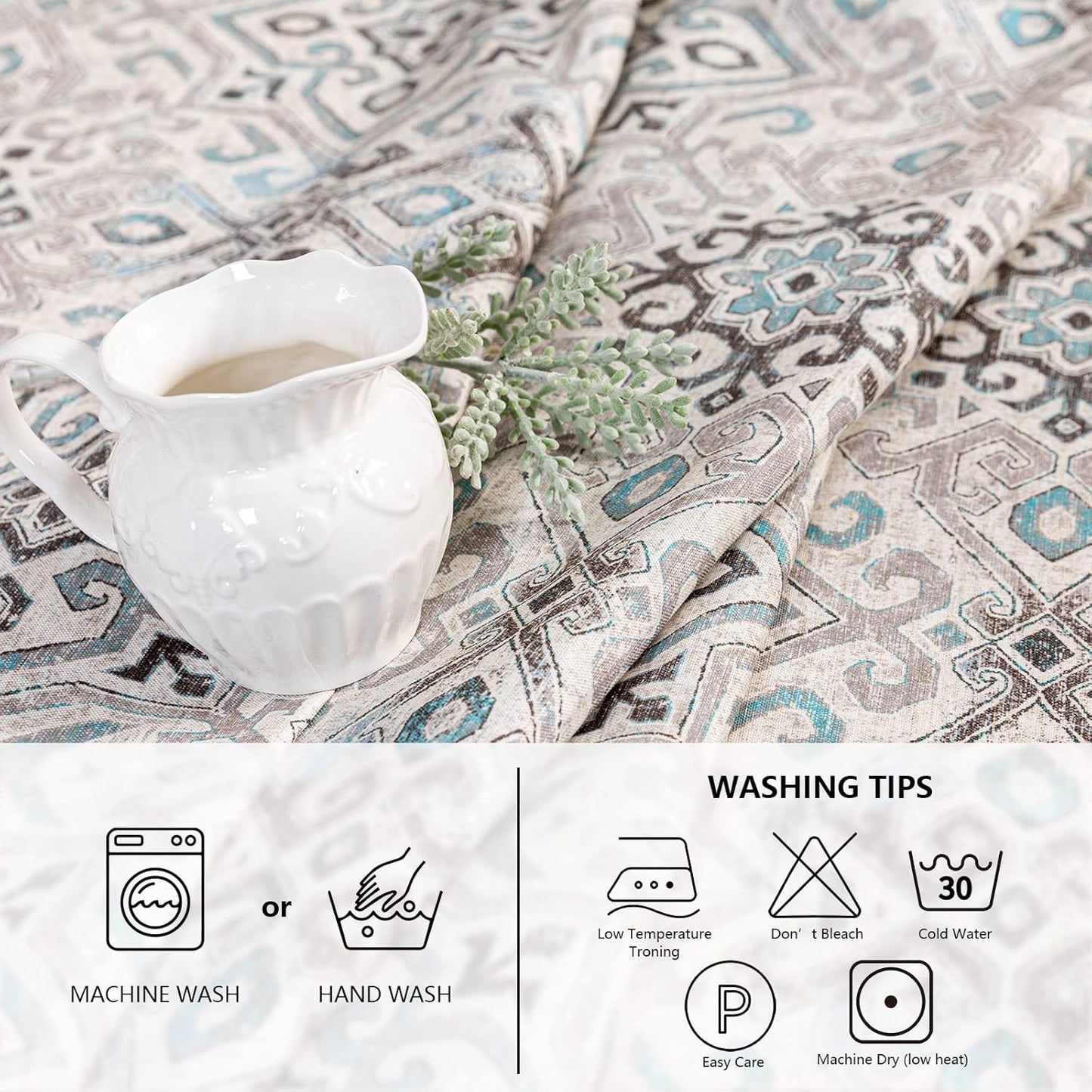 MYSKY HOME Rectangle Tablecloth 60x84 Inches -Linen Farmhouse Geometric Patterned Tablecloth Waterproof Decorative Washable Fabric Table Cloth for Kitchen Dining Moroccan Tablecloth, Grey