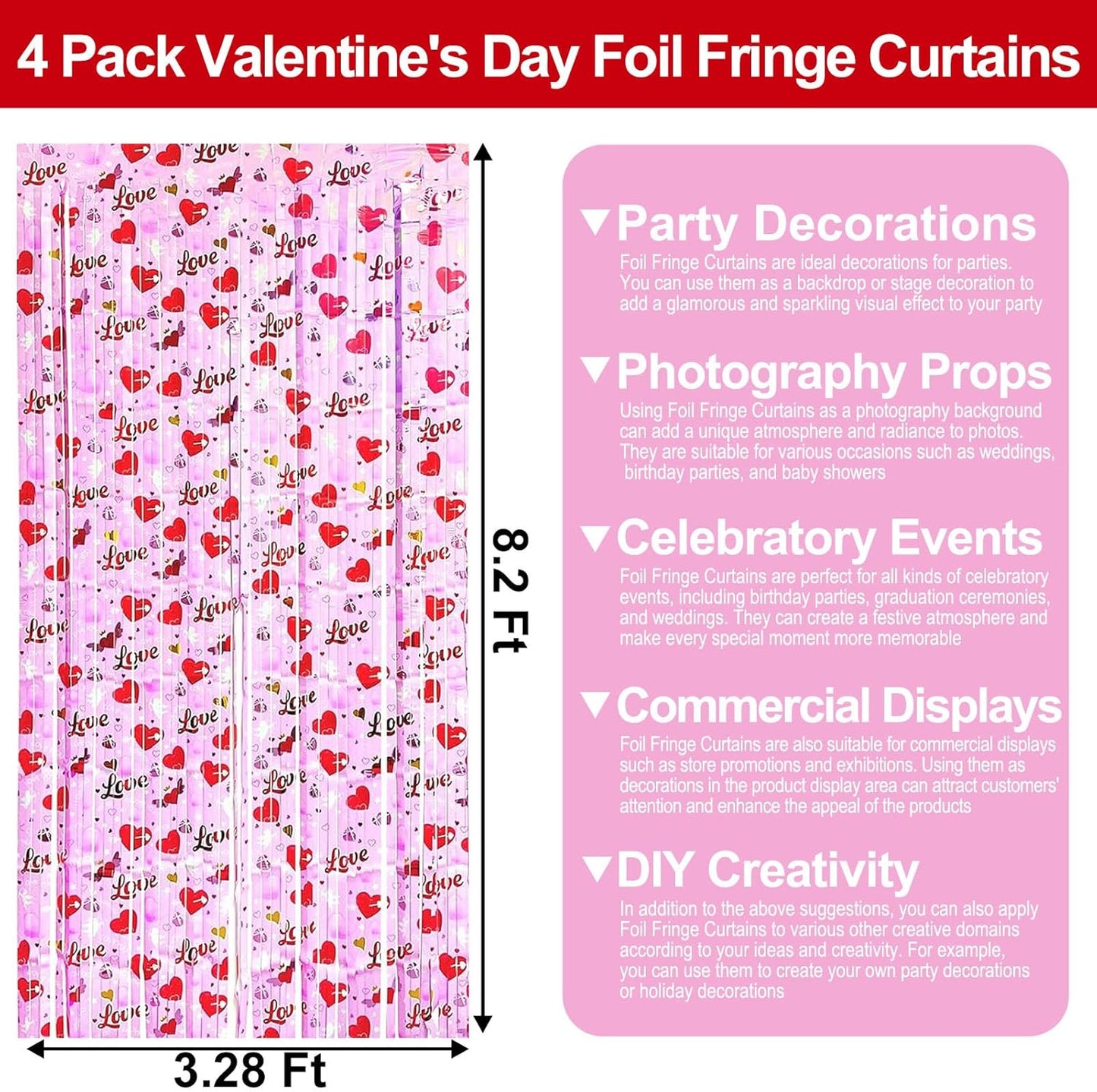 4 Pack Love Pink Wave Foil Fringe Curtain Backdrop, 3.28Ft x 8.2Ft Metallic Tinsel Foil Fringe Streamer Curtains for Photo Booth, Mother's Day, Easter, Birthday, Wedding Party Decoration