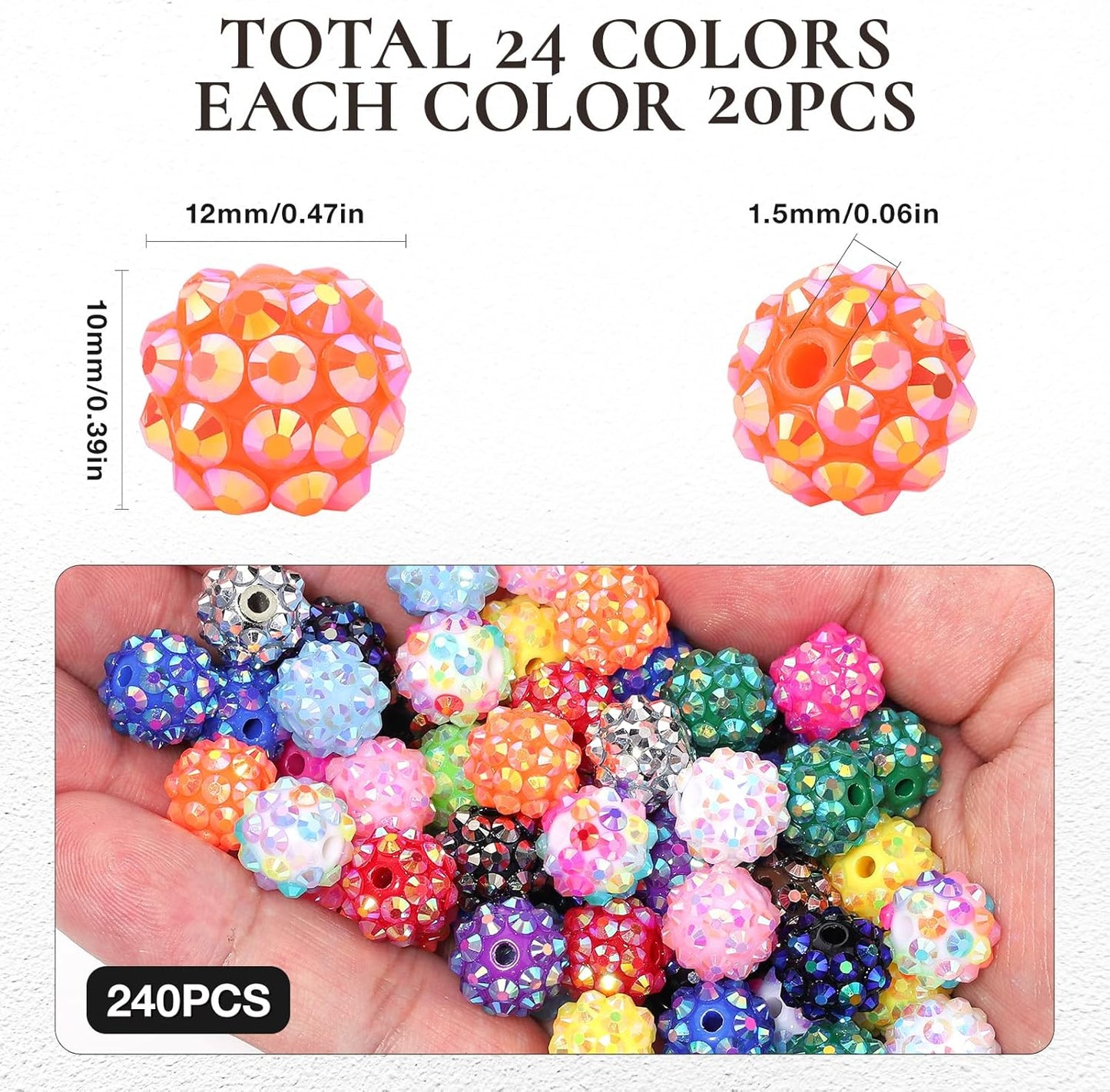 Novani 240pcs 10mm Round Rhinestone Beads for Jewelry Making, Resin & Clay Material, 24 Color Series