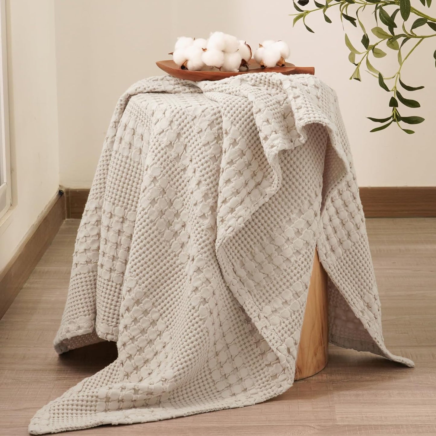 PHF 100% Cotton Waffle Weave Throw Blanket, Soft Lightweight Breathable Cozy Throws for Couch Bed Sofa, Luxury Aesthetic Woven Blanket for Home Decor & Office, 50"x60", Oatmeal