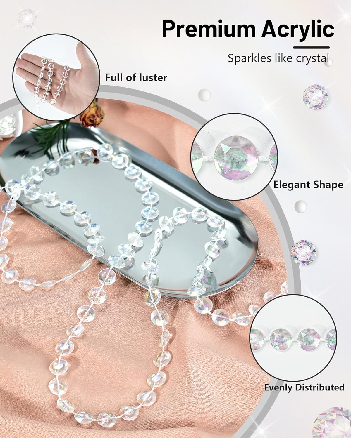 99FT Crystal Garland Strands, Acrylic Iridescent Crystal Beads String Roll, Diamond-Shaped Crystal Garland for Christmas Tree Wedding Party Decorations Beaded Curtain DIY Crafting Projects