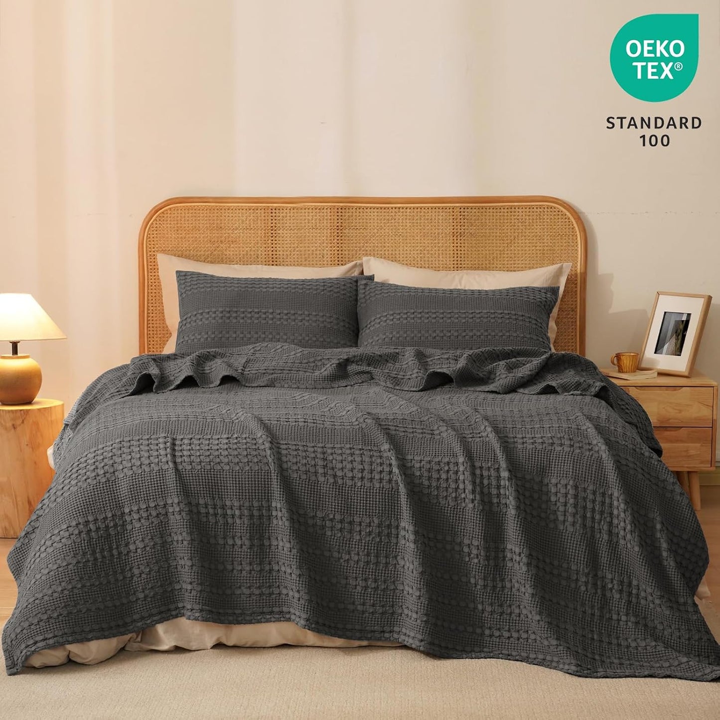 PHF 100% Cotton Waffle Weave Blanket Twin Size for Bed, Soft Lightweight & Breathable, All-Season Comfort, Luxury Aesthetic Woven Bedding for Home Decor, 66"x90", Charcoal Grey