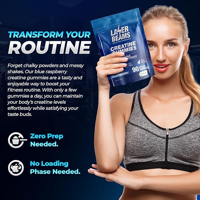 Creatine Monohydrate Gummies for Women & Men- 5g Creapure Creatine per Serving - Vegan, Blue Raspberry Flavor - Boost Muscle Strength, Endurance, Recovery & Mental Focus (90 Gummies)