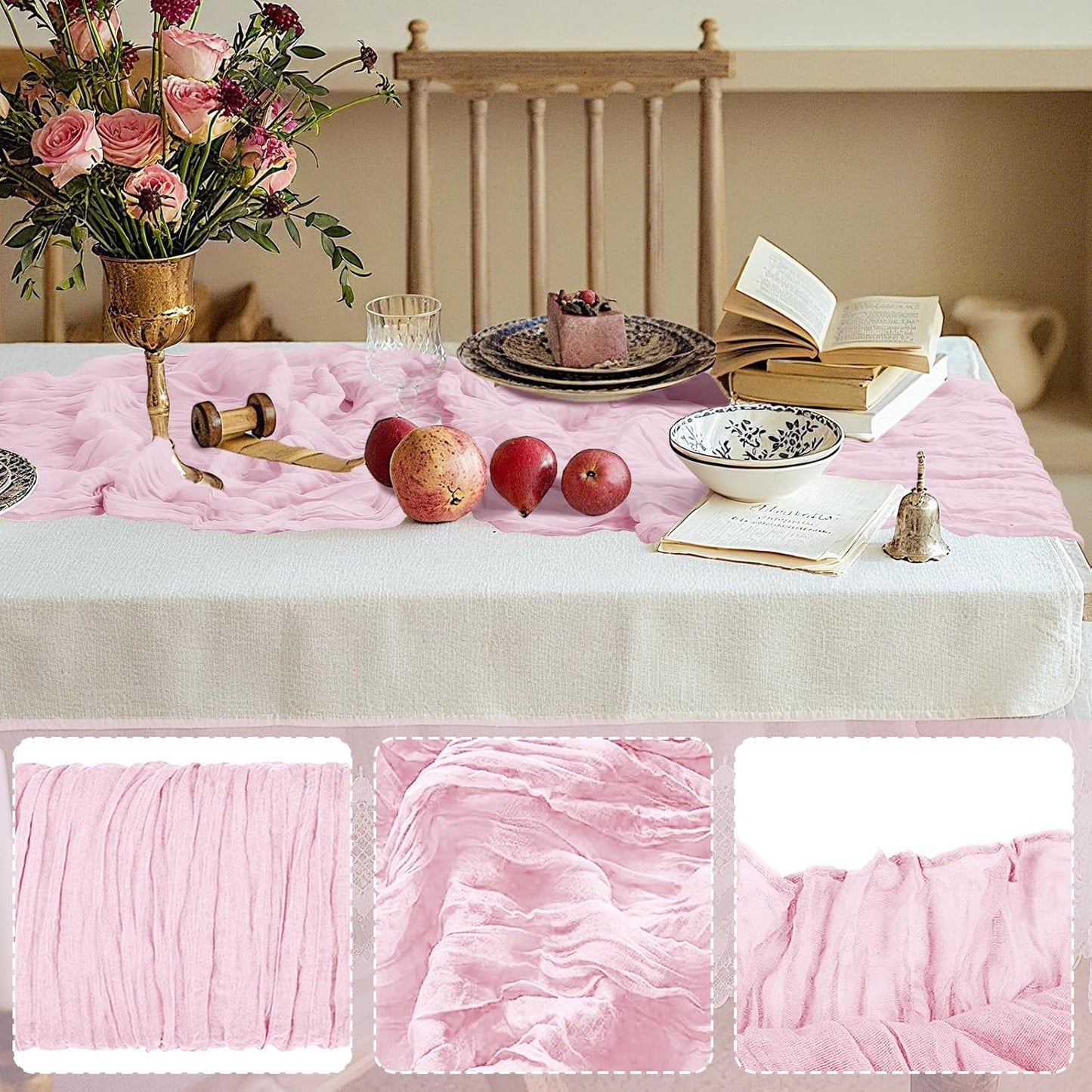 12 Pack Cheesecloth Table Runner 10Ft Christmas Gauze Boho Table Runners for Wedding Decor Bridal Shower Decorations Baby Shower Party(35" x 120")(Blushing Pink)