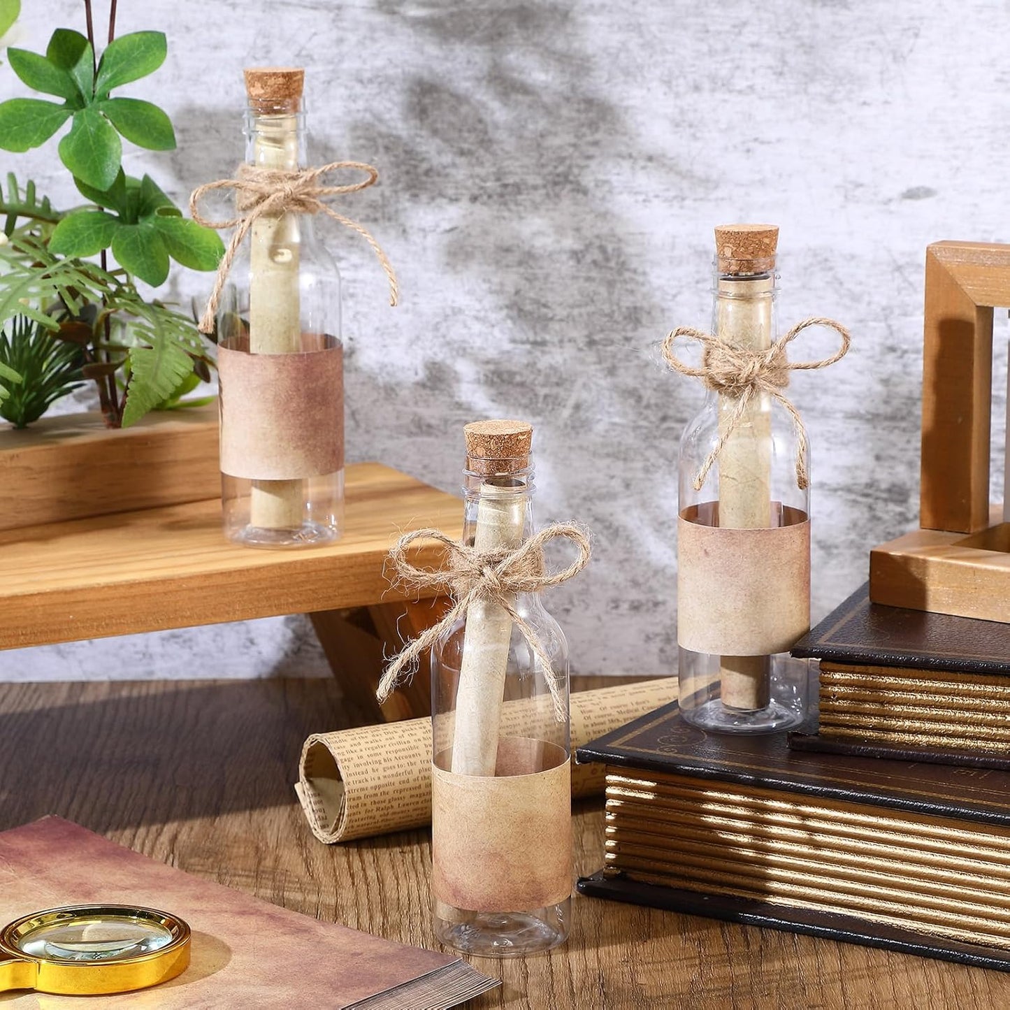 Baderke 24 Pcs 5.6 oz Message Bottles with Letter Printer Paper Plastic Bottles & Corks Twines for Message Invitations Birthday Wedding Baby Shower DIY Crafts Gift Party Favors (Vintage)