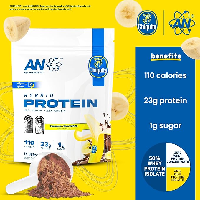 AN Performance Whey Protein Powder | Chiquita Banana Chocolate | 23g Protein, 1g Sugar, 100% Whey | Gluten-Free, Low Carb, Low Fat | Keto Friendly | Essential Amino Acids for Muscles | 25 Servings