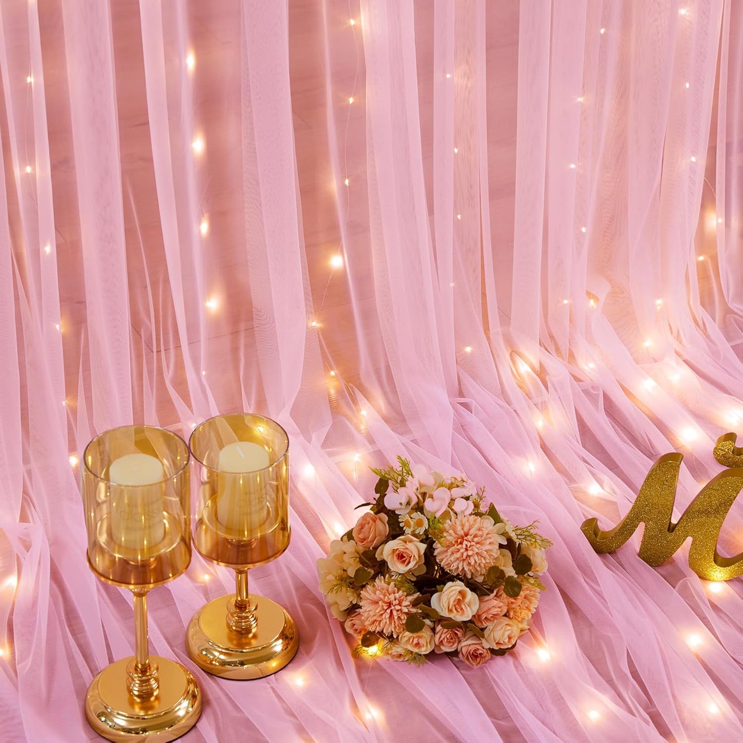 Sheer Backdrop Curtains with Lights String for Weddings Baby Showers, 20x10ft Sheer Tulle Photo Backdrop Curtains for Birthday Party Photography Background Decoration, Pink