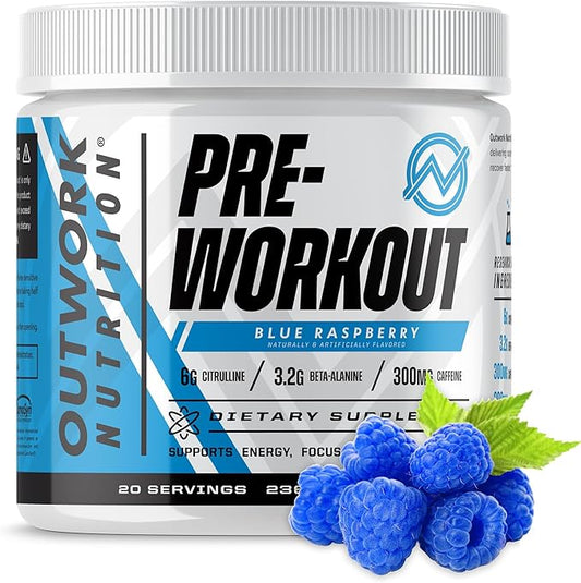 Outwork Nutrition Pre Workout Powder for Men & Women - Pre-Workout Supplements Without Creatine, Nootropic Preworkout with Citrulline Malate Beta Alanine Taurine Rhodiola Caffeine (Blue Raspberry)