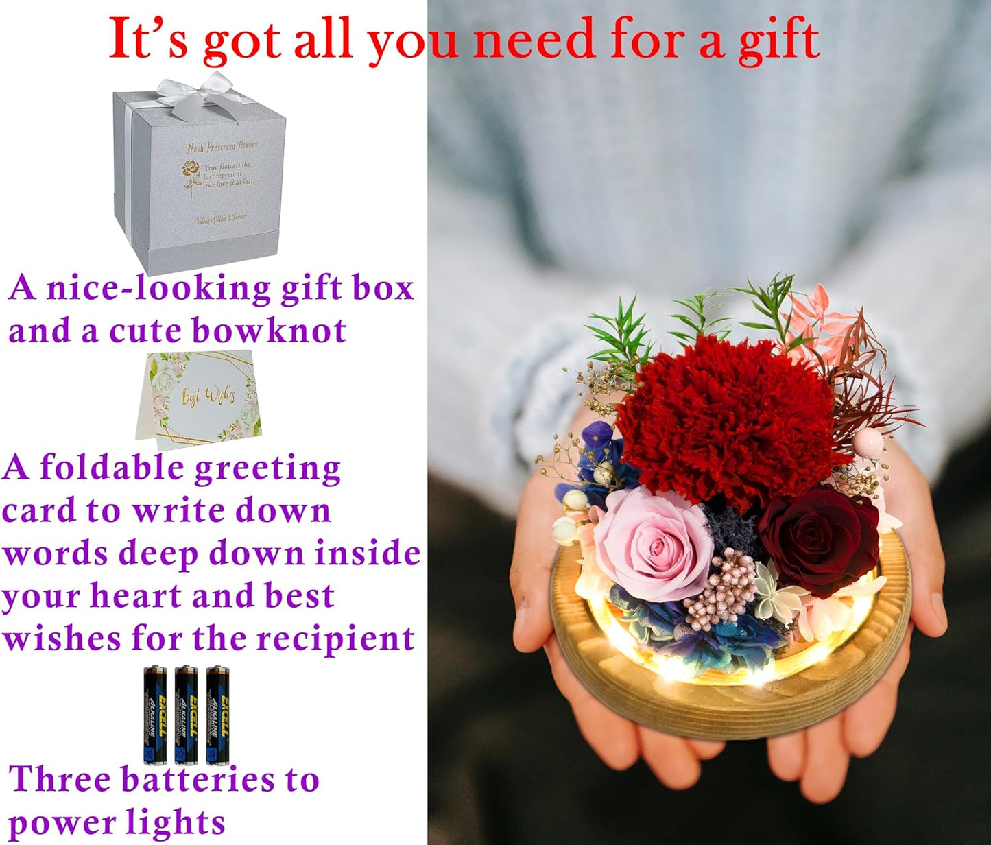 Valley of Rain & Forest Long-Lasting Real Flowers, Unique Floral Gift For you to send Love for All Occasions, for Indoor Decoration (Red Carnation, Pink Rose, Wine-Red Rose)