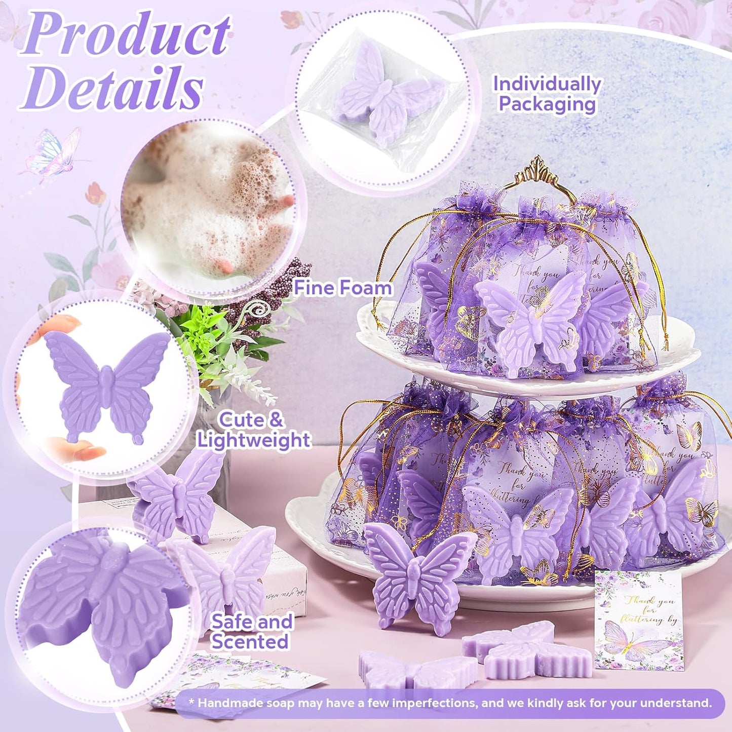 Dunzy 50 Set Butterfly Theme Baby Shower Favors for Guests Butterfly Soap Favors with Thanks You Cards Gift Bags Gender Reveal Baptism Party Decorations Wedding Bridal Souvenirs (Purple,Light Purple)