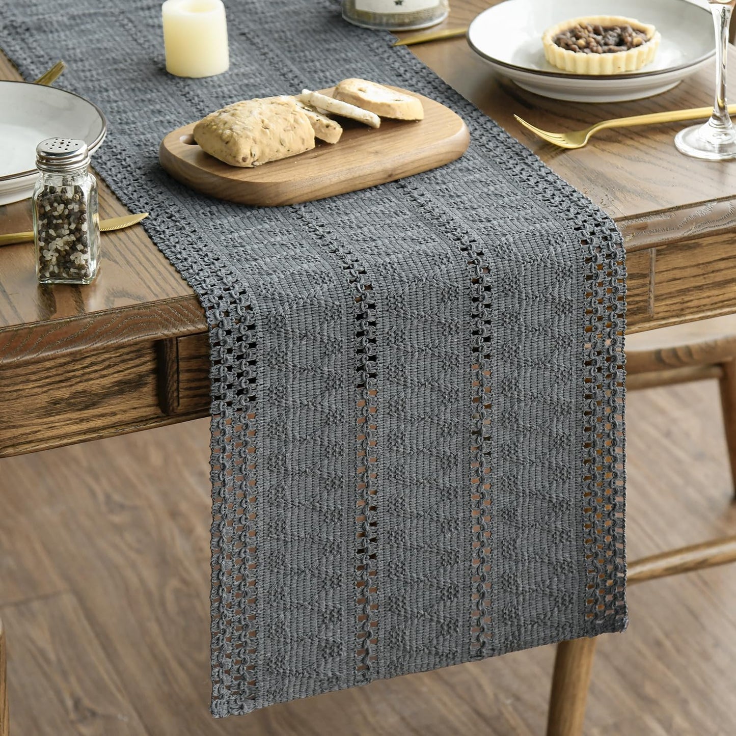 Artoid Mode Dark Grey Farmhouse Woven Rustic Hollow Table Runner, Seasonal Holiday Hollow Kitchen Dining Table Decoration for Home Party Decor 12x48 Inch