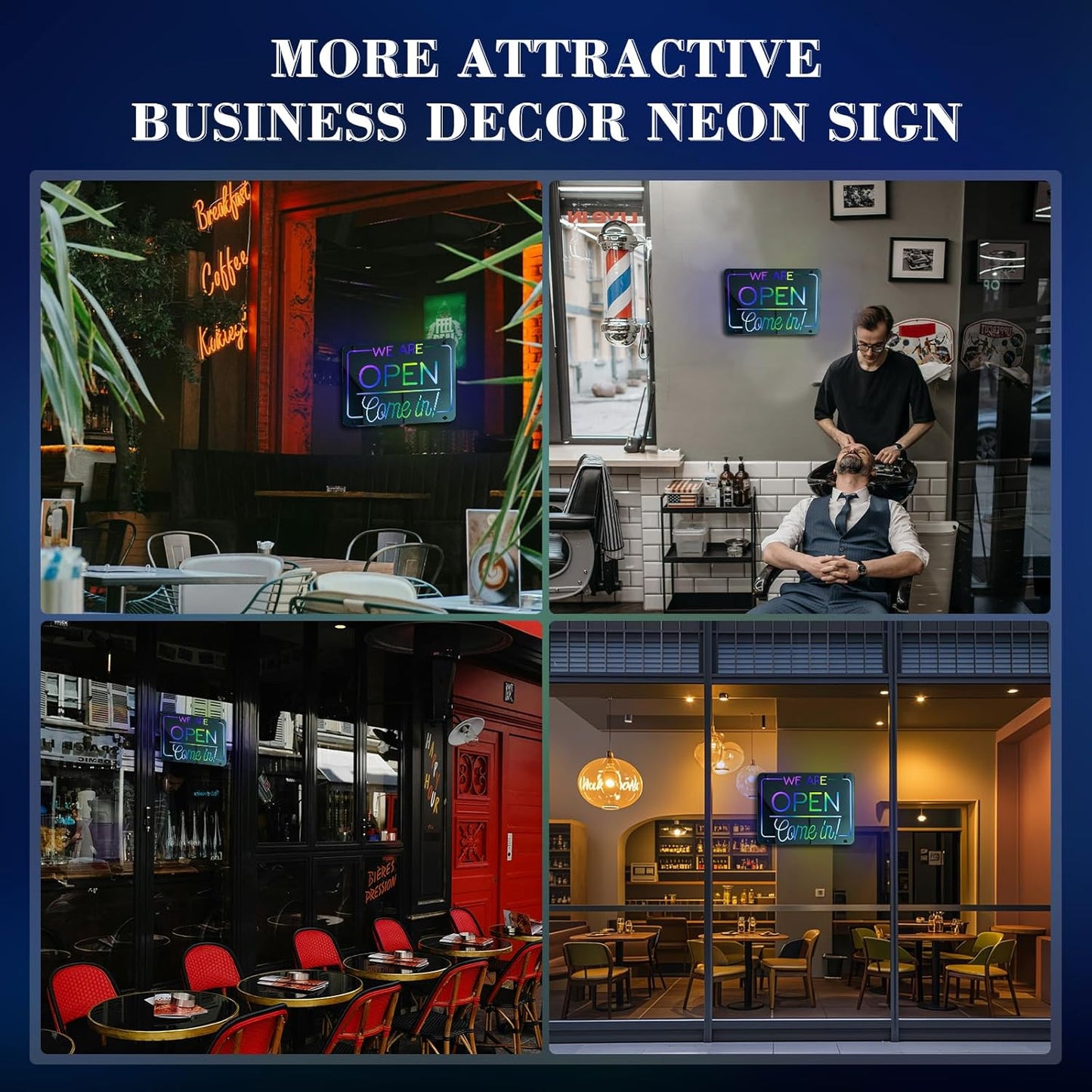 Ineonlife Open Neon Sign Come In We Are Open Mirrored Colorful LED lights for Business Decor Bright Led Light Signs Window Door Decoration Bar Shop Coffee Salon Store 14.57 x 11.02 inches USB Powerd